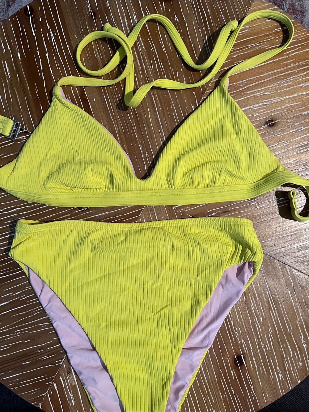 Lulu's Neon Yellow Ribbed Triangle Bikini Set SMALL
